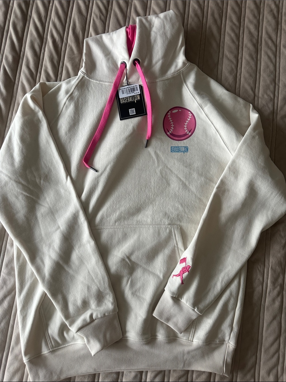 Baseballism Cream Hoodie with Pink Accents